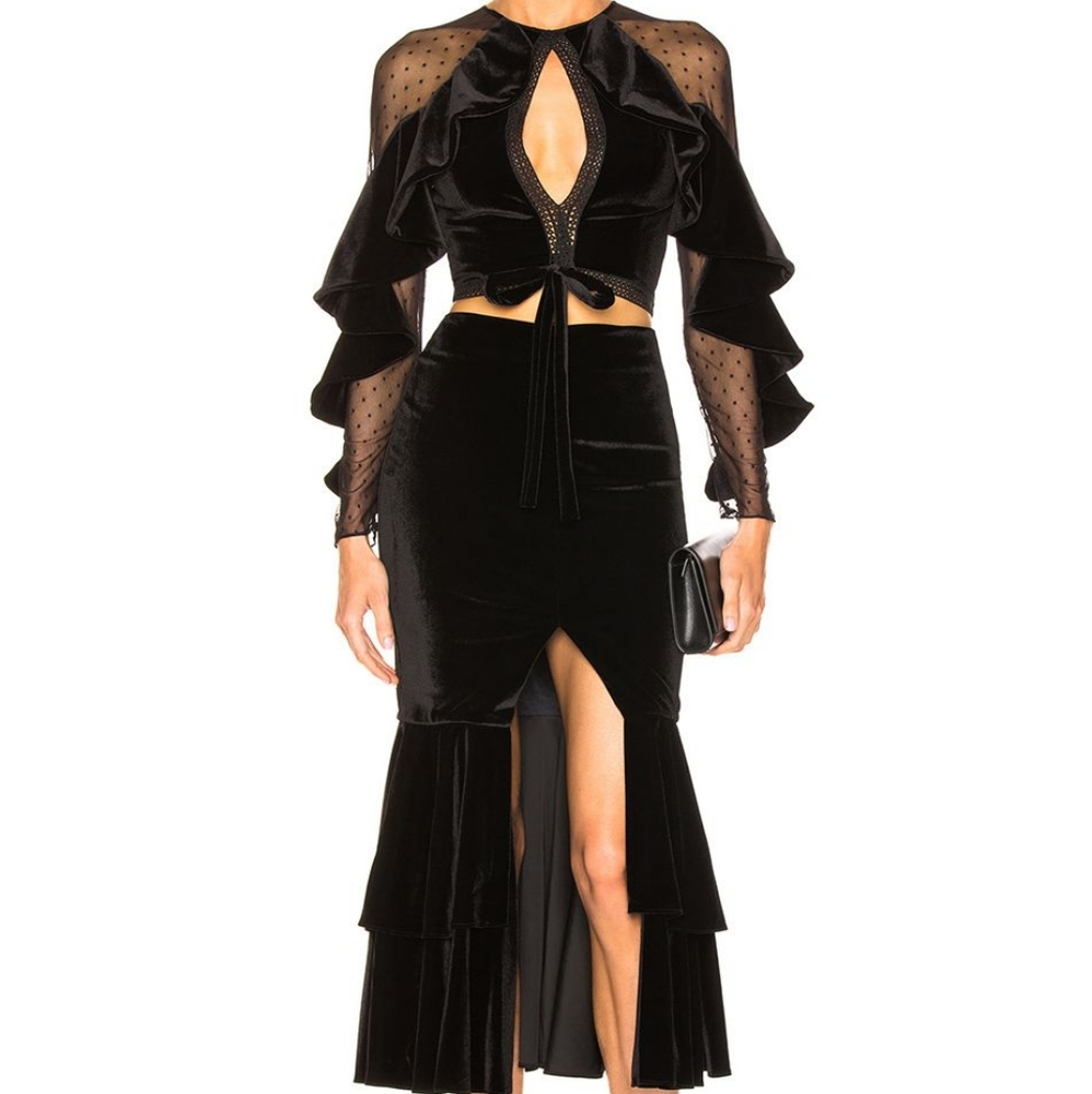 PATBO polka dot & black velvet top and skirt set